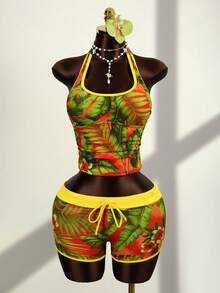 Slaydiva Women's Tropical Floral Trim Drawstring Tankini Swimsuit Set, Beach Vacation - Multicolor - View 4