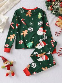 青少年男孩圣诞老人和姜饼人全身印花舒适睡衣套装，长袖上衣和裤子，1 套 - 綠色 - 查看 2