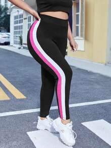 SHEIN EZwear 大码女式高腰侧条纹休闲紧身裤 - 彩色 - 查看 1
