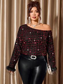 Cravure Christmas Plus Size Asymmetric Collar Elegant Beaded & Furry Trim Blouse - Multicolor - View 6