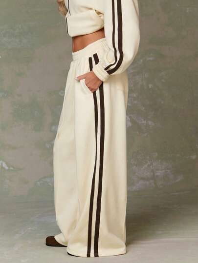 Athîral 女式松紧腰侧条纹口袋阔腿宽松休闲裤