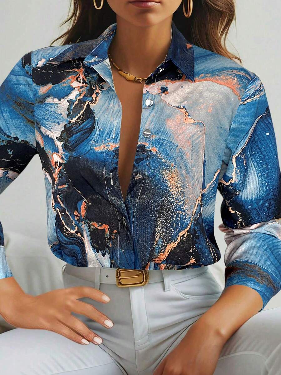 SHEIN Clasi Damen Sternenhimmel-Muster Langarm Einreiher Lässig Hemd