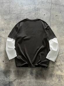 AXEPEAK 男士针织休闲日常年轻一代英文文字印花拼接宽松长袖T恤，夏季，学校，秋季 - 灰色 - 查看 2