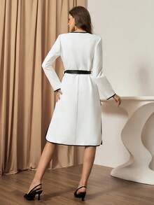 Lyxana Abrigo largo elegante y casual de mujer con cuello cruzado, corbata, bloque de color de contraste, cuello en V, manga larga y bajo dividido para otoño/invierno - Negro - Ver 2