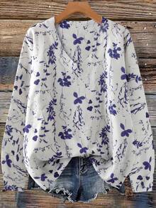 Linhara Damen Pullover in Große Größen mit V-Ausschnitt, Langarm und Blume Muster, Lässig