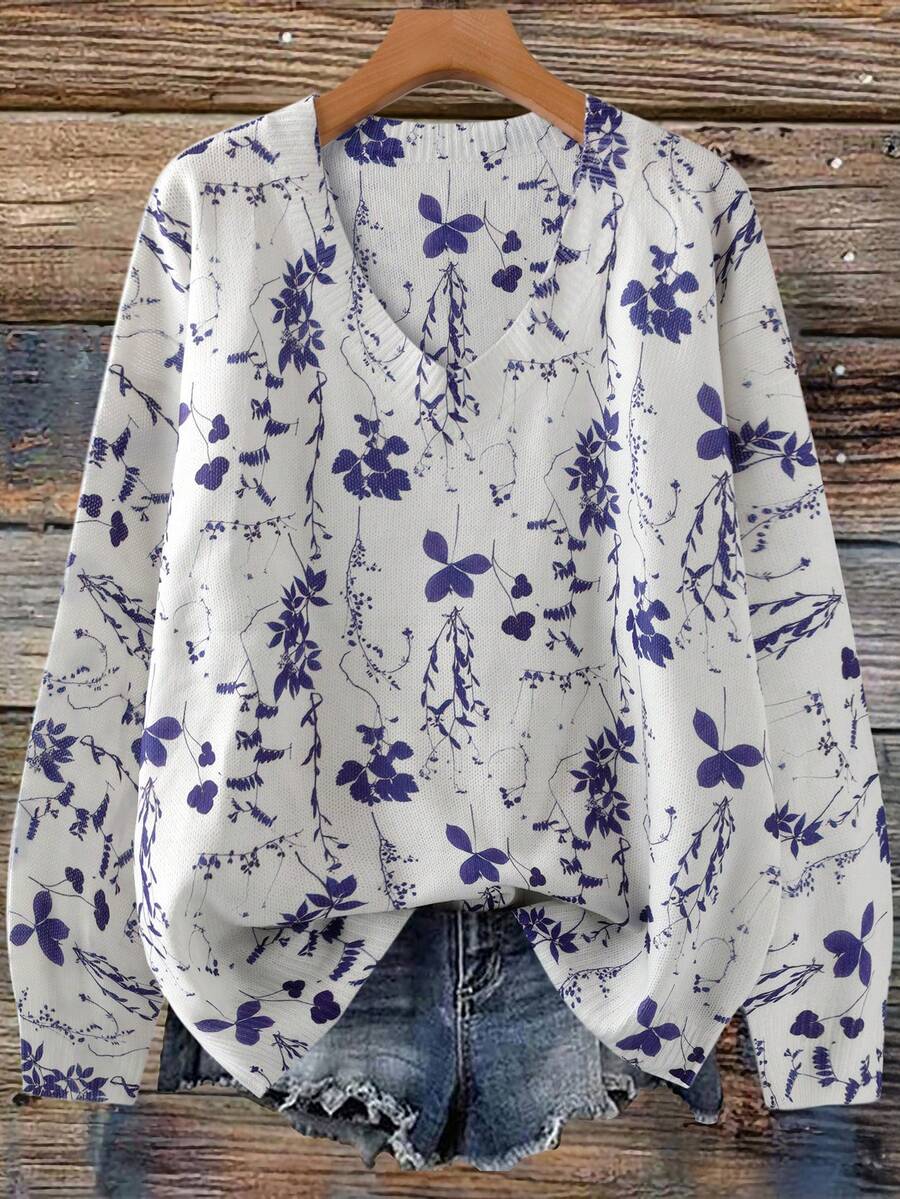 Linhara Damen Pullover in Große Größen mit V-Ausschnitt, Langarm und Blume Muster, Lässig