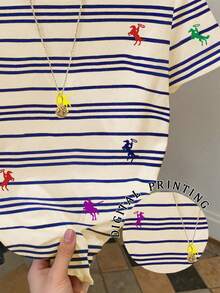 SHEIN Women's Casual Striped Knight Print Round Neck Short Sleeve T-Shirt - Multicolor - View 5