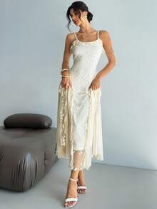 Firerie 女士纯色细肩带荷叶边下摆修身连衣裙，优雅时尚 - 杏色 - 查看 7