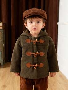 Toddler Boys' Fashionable Minimalist Military Green Patchwork Horn Button Long Sleeve Hooded Jacket, Vintage Versatile For Casual, Outdoor, School, Autumn/Winter - Dark Green - View 8