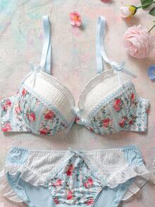 2pcs Floral Cute Satin Underwire Push-Up Balconette Bra Set, Padded, Strapless, Ruffle Trim, Mesh Insert, Comfortable, Romantic Countryside Style Women's Lingerie Set - Blue - View 4