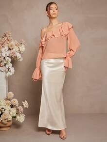 L'Amorae 女士长袖一字肩荷叶边雪纺休闲衬衫 - 珊瑚粉 - 查看 4