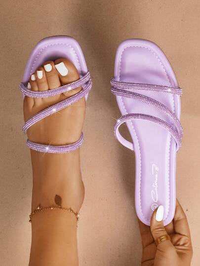 Sandalias para mujer con tiras de pedrería, punta cuadrada, sin cordones, suela plana cómoda, estilo moderno elegante, ideales para fiesta y uso diario