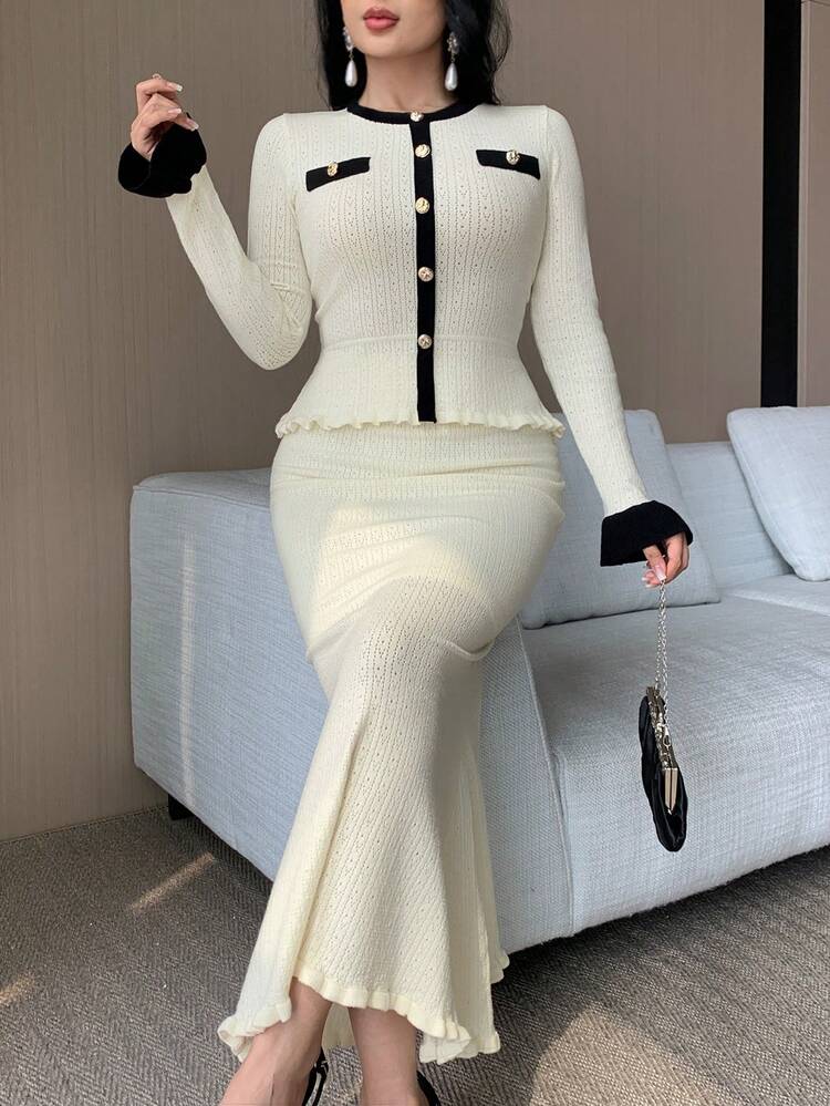 Women's Contrast Trim Button Front Long Sleeve Top And Skirt Elegant 2 Pieces Set