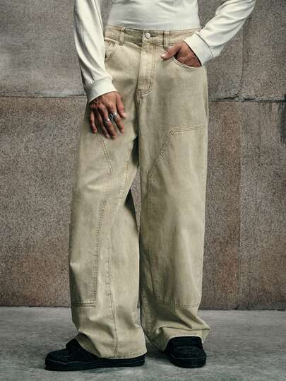 AXEPEAK 男士宽松口袋阔腿休闲牛仔裤