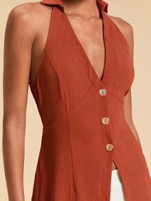 Travachic Women's Rust Brown Summer Elegant Vacation Holiday 2 Pieces Set,Halter Neck Long Top And Pants,Resort Outfits,Christmas New Year Thanksgiving Clothes - Multicolor - View 3