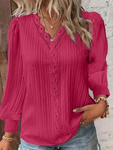 Chemise décontracté à manches bouffantes de couleur unie grande taille - Fushia - Voir 1
