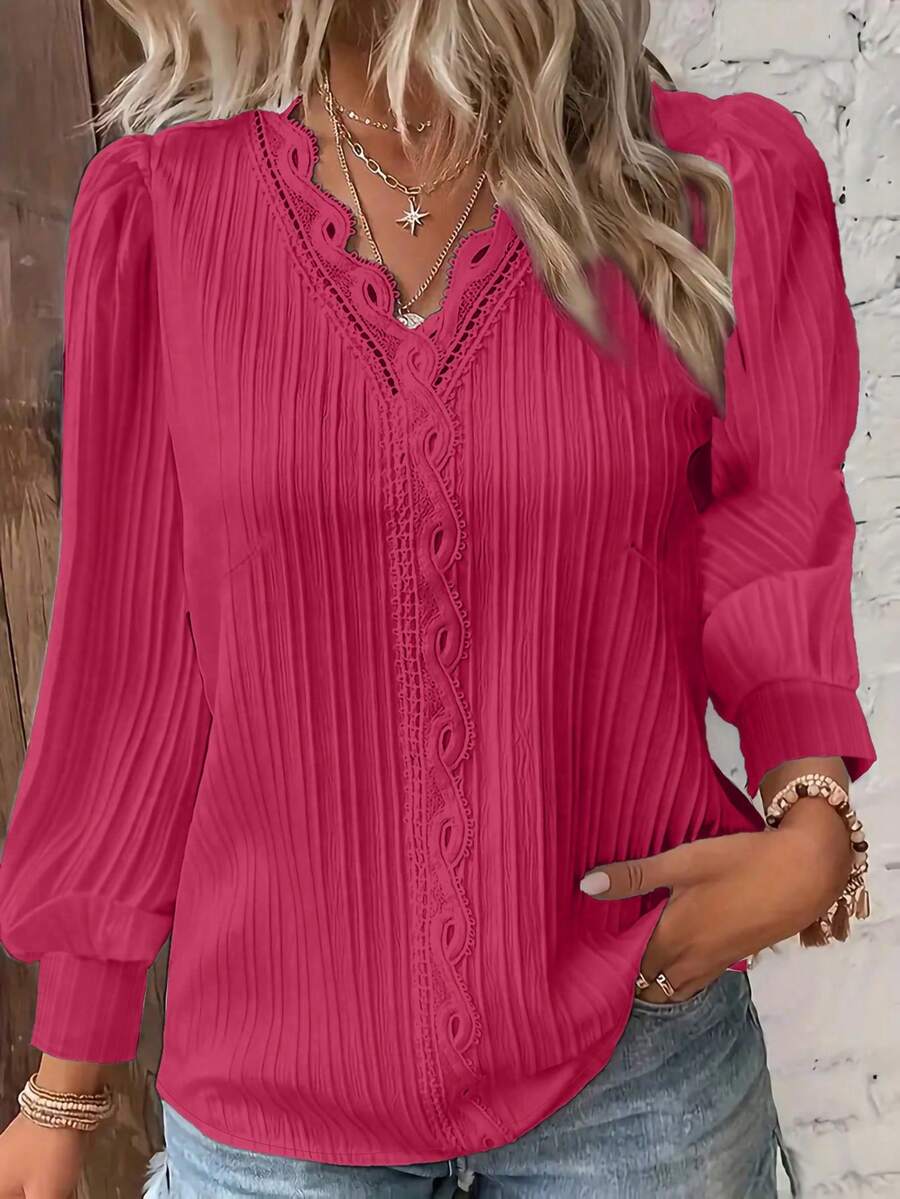 Chemise décontracté à manches bouffantes de couleur unie grande taille - Fushia - Voir 1