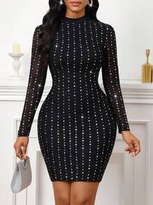 SHEIN Lady 女式亮片装饰紧身迷你连衣裙，时尚派对装 - 黑色 - 查看 4