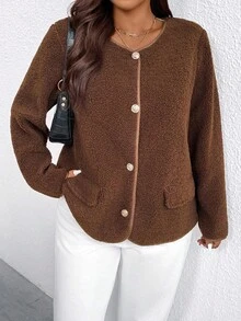 EMERY ROSE Plus Size Women's Casual Brown Versatile Jacket, Button Decor Long Sleeve Fuzzy Coat, Suitable For Daily Outings And Commuting - Coffee Brown - View 3