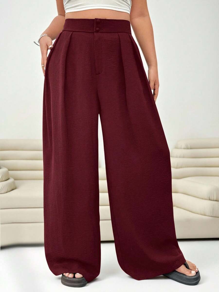 Solflare 大码办公室女性服装，黑色高腰直筒休闲裤，简约时尚，适合日常穿着，春夏装高腰裤秋冬宽松裤 - 酒紅色 - 查看 1