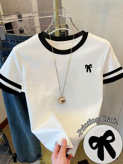 Resyla Women's Bow Print Graphic Loose Casual Contrast Block Color Strip Round Neck T-Shirt Top