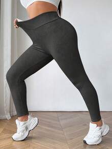 SHEIN EZwear 加大码加厚保暖深灰色冬季保暖打底裤，舒适保暖 - 深灰色 - 查看 5