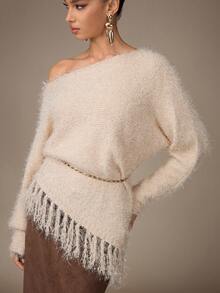 Modelyn Women's Off Shoulder Tassel Knit Sweater Top - Apricot - View 1