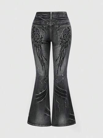 Grunge Punk Y2K Vintage Washed Flügel Muster Super Tief Taille Schlaghose Stretch Jeans für Frauen