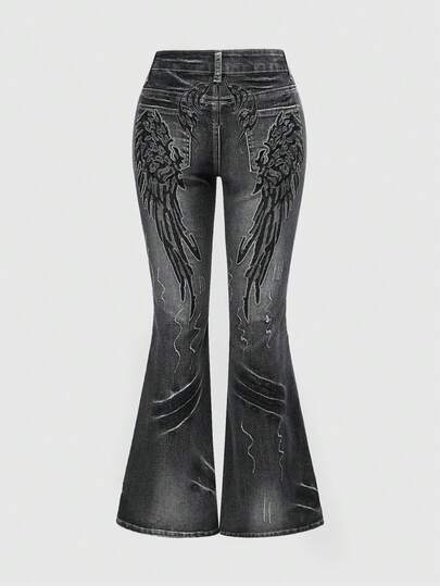 Grunge Punk Y2K Vintage Washed Wing Print Super Low Waist Flare Stretch Women Jeans