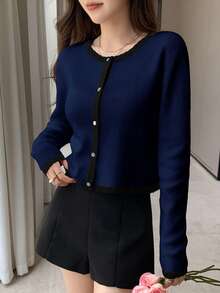 DAZY 2 件套女士优雅撞色吊带背心开衫套装，秋季 - 藏蓝色 - 查看 4