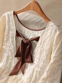 Elaquor Plus Size Contrast Color Backless Tie Front Elegant Long Sleeve Blouse - Apricot - View 6