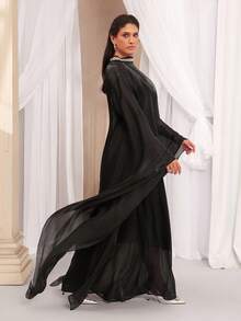 VOLUPTÉ CURVE Plus Size Spring New Elegant Luxurious Dress, Exquisite Black Satin Chiffon Material, High Collar, Jewel Decor, Batwing Sleeve, Loose Silhouette, Flowing Long Dress, Suitable For Party, Banquet - Black - View 3