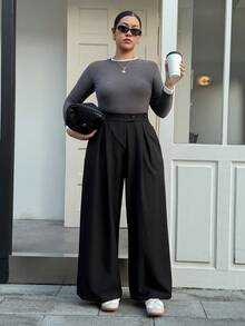 DAZY 2-Button Pleated Decor Loose Wide Leg Black Casual Commuter Long Pants, Plus Size Women, All Season, Spring/Autumn - Black - View 5