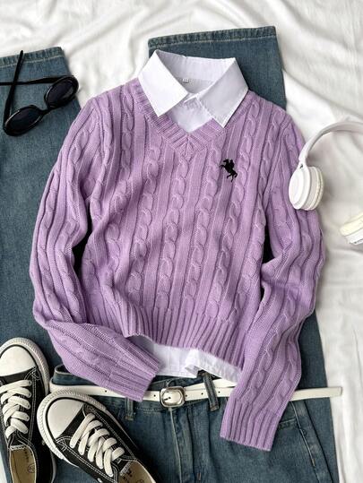 SHEIN Tween Girls' Sweater With Horse Embroidery, Loose & Comfortable Casual Relaxed Fit, Thick & Soft Cozy For Winter, Suitable For Home, Outings, Vacation, Christmas, Halloween, New Year Parties