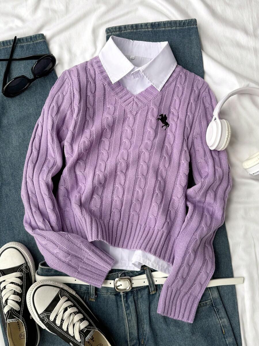 SHEIN Pullover für Mädchen in Große Größen mit Pferde-Stickerei, locker & bequem, lässiger Relaxed Fit, dick & weich, kuschelig für den Winter, geeignet für Zuhause, Ausflüge, Urlaub, Weihnachten, Halloween, Silvester Partys