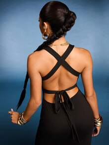 Normani Slim Fit Sexy Low Neck Backless Criss-Cross Strap Slit Dress - Black - View 6