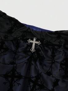 ROMWE Romantic Retro Palace Gothic Cross Flocked Off Shoulder Dress - Blue - View 3