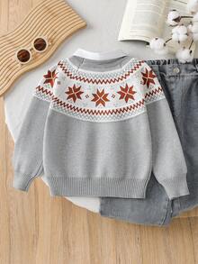 SHEIN Grey Knit Cute Young Boys Pullover Sweater Featuring Geometric Pattern And Collar Detail For Comfortable Wear - Grey - View 2
