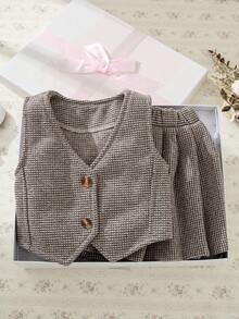 Souflis Souflis 两件套女婴优雅格子上衣搭配经典百褶裙套装，适合上学、外出和休闲场合，2025秋冬季法式风格 - 棕色 - 查看 4