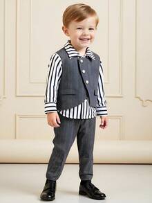 SHEIN Bộ trang phục quý ông 3 món cho bé trai, bộ đồ trang trọng màu xám bao gồm áo vest, áo sơ mi dài tay và quần cạp chun, trang phục quý ông phù hợp cho tiệc sinh nhật, sự kiện trang trọng, biểu diễn, đám cưới, lễ rửa tội, giáng sinh, năm mới, quần áo trẻ em, trang phục bé trai, bộ đồ cho bé trai, bộ đồ cho trẻ sơ sinh, bộ đồ cho bé trai - Nhiều màu - Xem 7