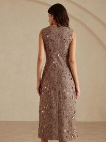 Revavyn 秋季新款女装连衣裙咖啡色粗花呢面料亮片亮片方领优雅派对约会连衣裙无袖金属纽扣装饰高端 - 咖啡棕 - 查看 6