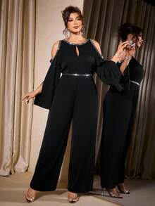 Elenzga 大码优雅肩部镂空亮片装饰连体裤 - 黑色 - 查看 4