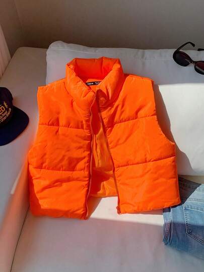 Comfortcana Neon-Orange Zip Up Vest Padded Coat In Fall/Winter
