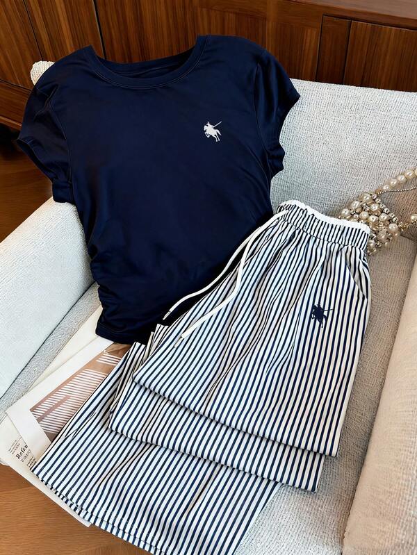 Resyla Conjunto de camiseta casual y pantalones de pierna ancha a rayas con cintura elástica para mujer, estilo casual y de moda "Old Money" de dos piezas