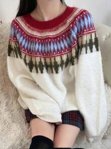 FRIFUL Pull épais à col rond, doublé thermique, coupe ample, avec éléments de Noël et dégradé de couleurs, pour femmes - Beige - Voir 5