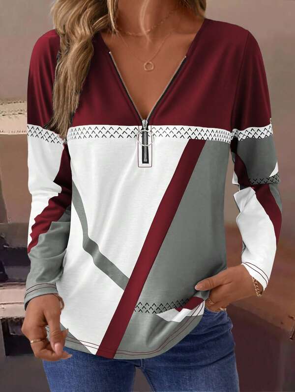 EMERY ROSE Women Casual Autumn/Winter Long Sleeve T-Shirt With Half-Zipper Neckline, Geometric Print Graphic Tees Women Tops For Spring