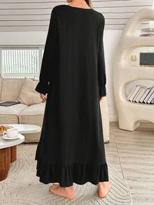 Moonlight&Mama Maternity Embroidered Lace Patchwork Square Neck Long Sleeve Casual Nightgown, Winter Long Sleeve Nightgown Black Nightgown Women Pajama Dress Maternity Nightgowns - Black - View 2