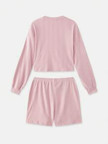 Cosy Pink Rib Loungewear Set With Long Sleeve Top And Button Front Shorts Warm Spring Summer - Pink - View 10