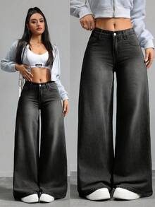 SHEIN Tall CURVE 加大码女式浅蓝色宽松牛仔裤夏季度假女士俱乐部办公室女士乡村音乐会狂欢巡航女式垃圾摇滚高腰牛仔裤 - 黑色 - 查看 1
