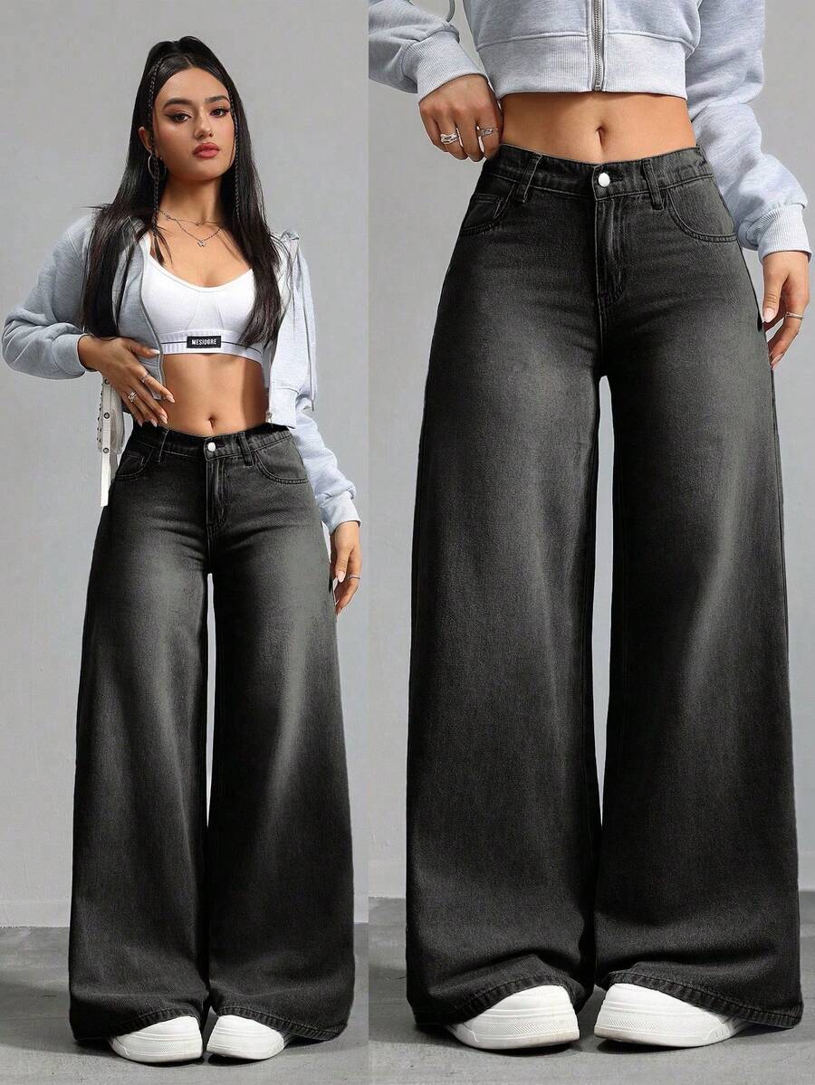 SHEIN Tall CURVE 加大码女式浅蓝色宽松牛仔裤夏季度假女士俱乐部办公室女士乡村音乐会狂欢巡航女式垃圾摇滚高腰牛仔裤 - 黑色 - 查看 1